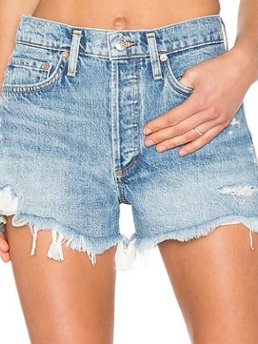 AGOLDE Light Wash Frayed Hem High-Rise Denim Shorts - Picture 1 of 4